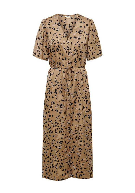 Act Now JDY Appa Leopard Print V-Neck Maxi Shirt Dress, Toasted Coconut