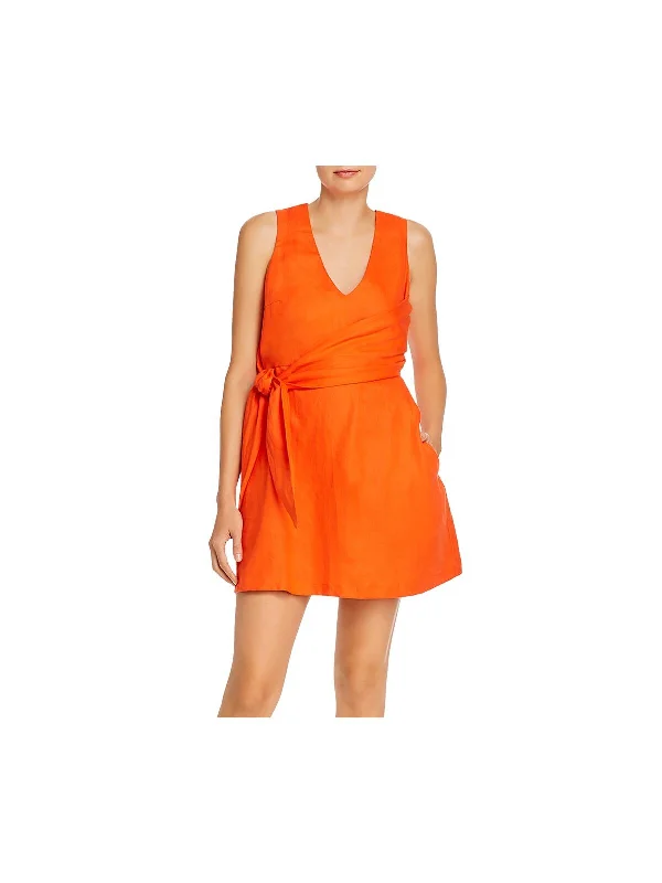 Blowout Sale GARY BIGENI Womens Orange Belted Pocketed Sleeveless V Neck Short Cocktail Fit + Flare Dress