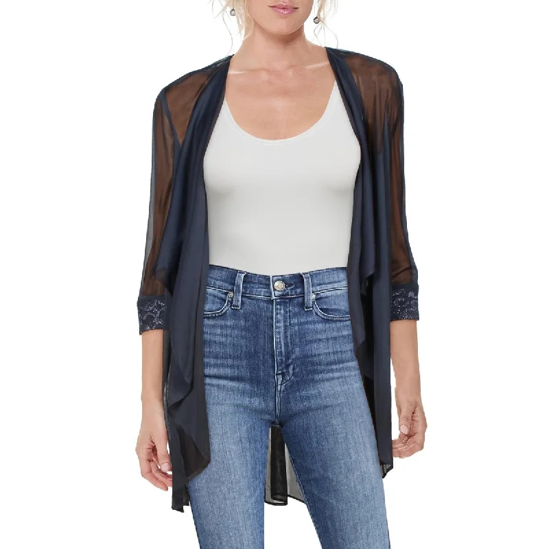 Year-End Sale Petites Womens Mesh Lace-Trim Duster Blazer