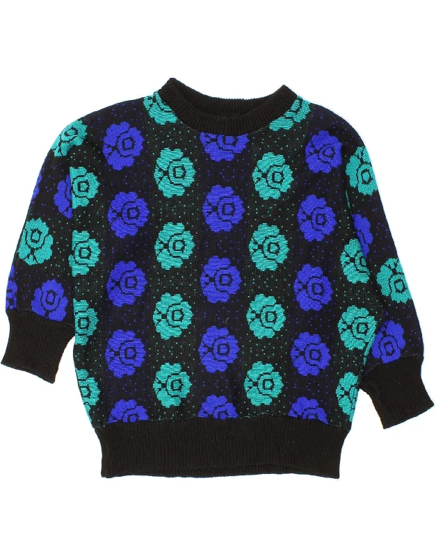 Steals and Deals VINTAGE Womens Crew Neck Jumper Sweater UK 16 Large Navy Blue Floral