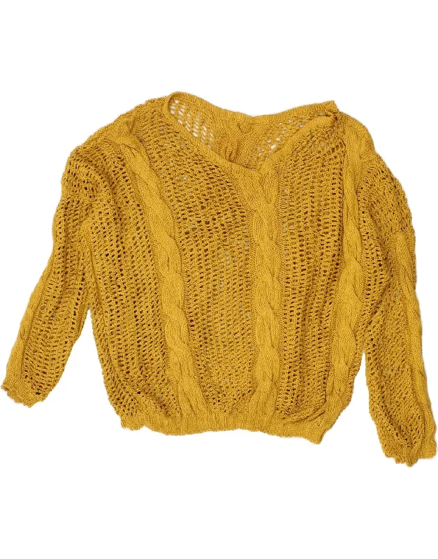 Shop and Save VINTAGE Womens See Through V-Neck Jumper Sweater UK 20 2XL Yellow