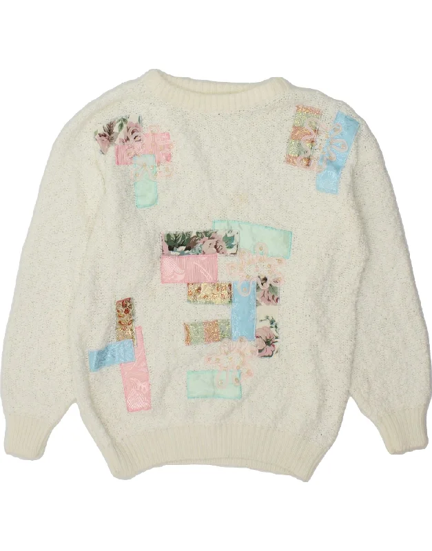 Blowout Deals VINTAGE Womens Boat Neck Jumper Sweater UK 14 Medium White Patchwork
